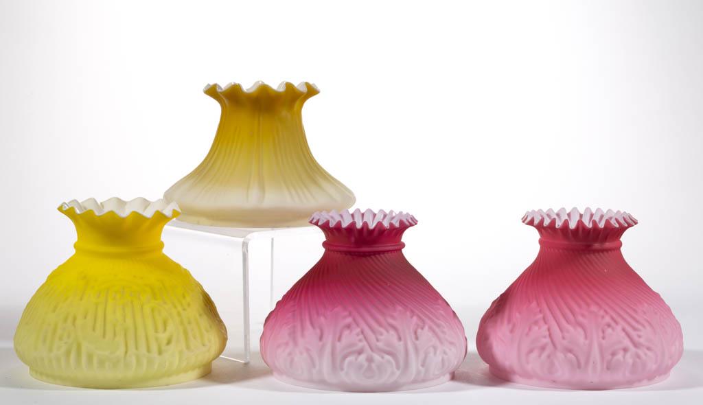 VICTORIAN CASED SATIN GLASS JUNIOR / MINIATURE LAMP: VICTORIAN CASED SATIN GLASS JUNIOR / MINIATURE LAMP SHADES, LOT OF FOUR, cased dark to light rose/pink and cased dark to light lemon yellow, comprising a pair with rib swirls over acanthus leaves, a r