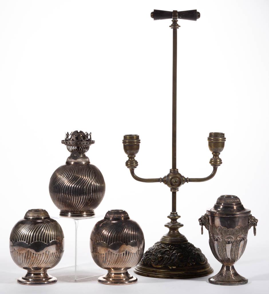 ASSORTED SILVER-PLATED AND BRASS LIGHTING ARTICLES, LOT: ASSORTED SILVER-PLATED AND BRASS LIGHTING ARTICLES, LOT OF FIVE, comprising four silver-plated miniature lamp fonts, including a pair and a lion's head handle Mappin & Webbs Princess Plate examples, a