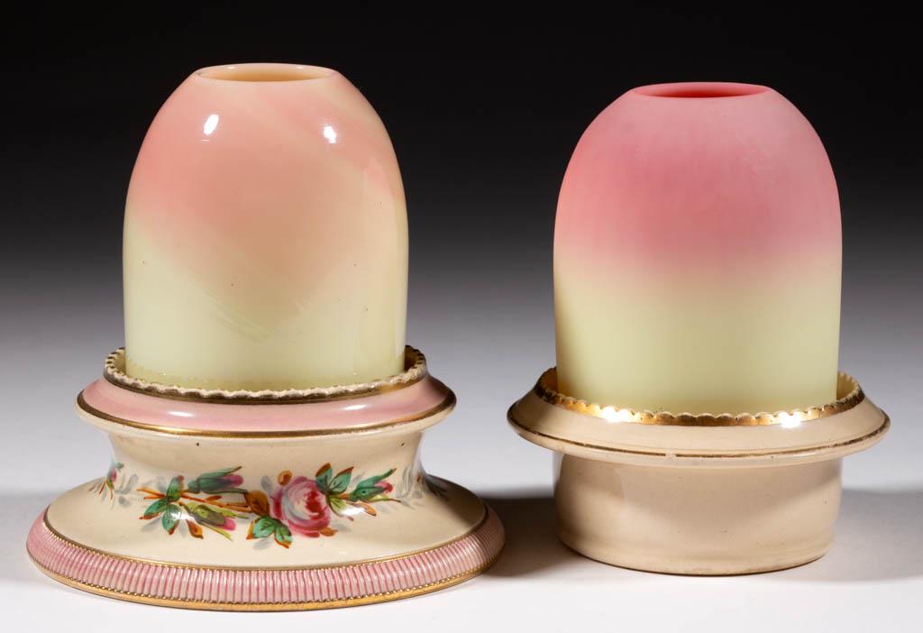 BURMESE AND CERAMIC FAIRY LAMPS, LOT OF TWO: BURMESE AND CERAMIC FAIRY LAMPS, LOT OF TWO, plush and glossy, each pyramid-size domes fitted into "S. CLARKE'S" ceramic lamp cups with one having floral decoration, floral decorated having a candle. 
