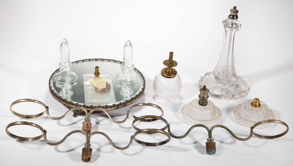 ASSORTED EPERGNE FAIRY LAMP PARTS, LOT OF TEN: ASSORTED EPERGNE FAIRY LAMP PARTS, LOT OF TEN, including a mirror plateau, a cut-glass standard, two bud vases, and three nickel-plated two-arm supports, five marked for Clarke. Fourth quarter 19th/ea