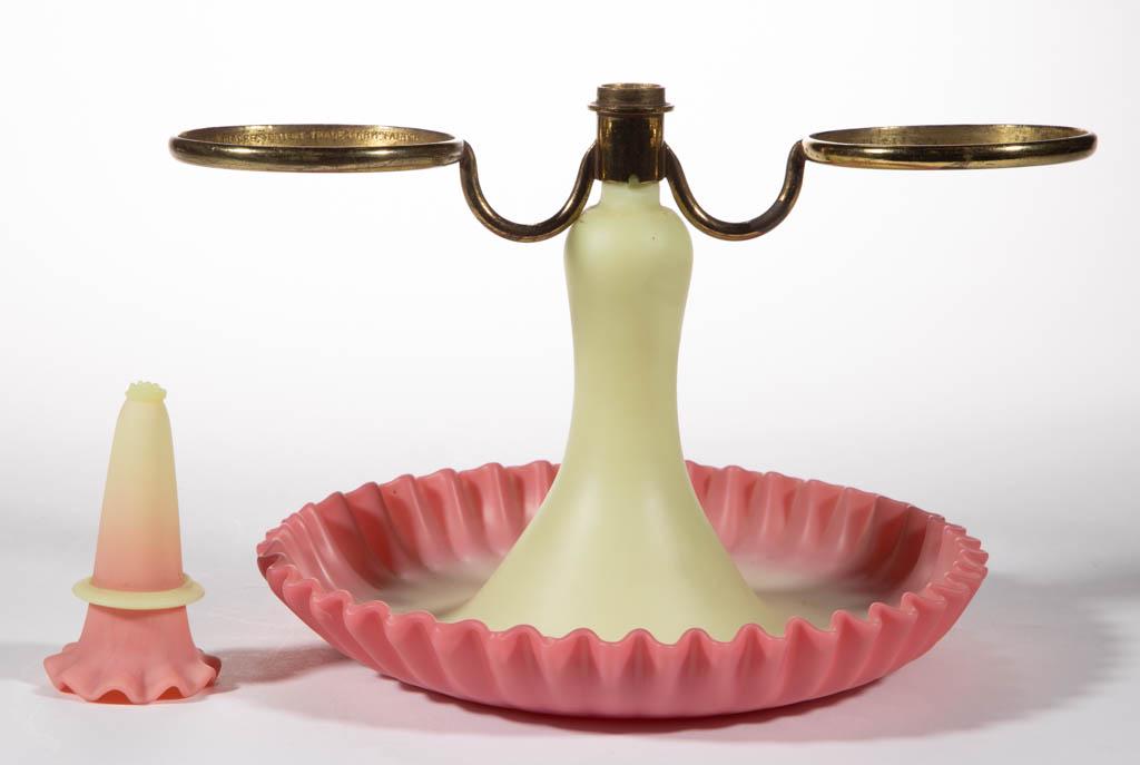 WEBB BURMESE FAIRY LAMP EPERGNE PARTS, LOT OF THREE: WEBB BURMESE FAIRY LAMP EPERGNE PARTS, LOT OF THREE, plush finish, comprising a crimped-rim bowl base, a bud vase, and a gilt-brass two-arm support. Thomas Webb & Sons, England. Fourth quarter 19th ce