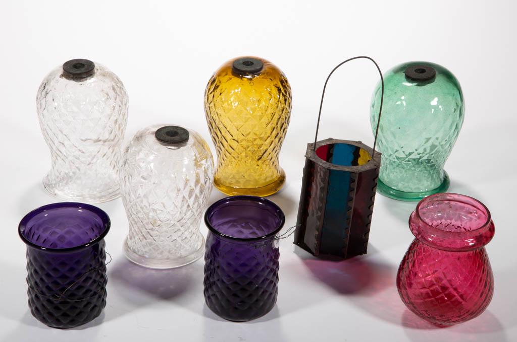 ASSORTED GLASS CHRISTMAS LIGHTS, LOT OF EIGHT: ASSORTED GLASS CHRISTMAS LIGHTS, LOT OF EIGHT, including a tin-frame lantern-style example with various color panels, and four pattern-molded Diamond Quilt examples, each with folded rim and mounting 