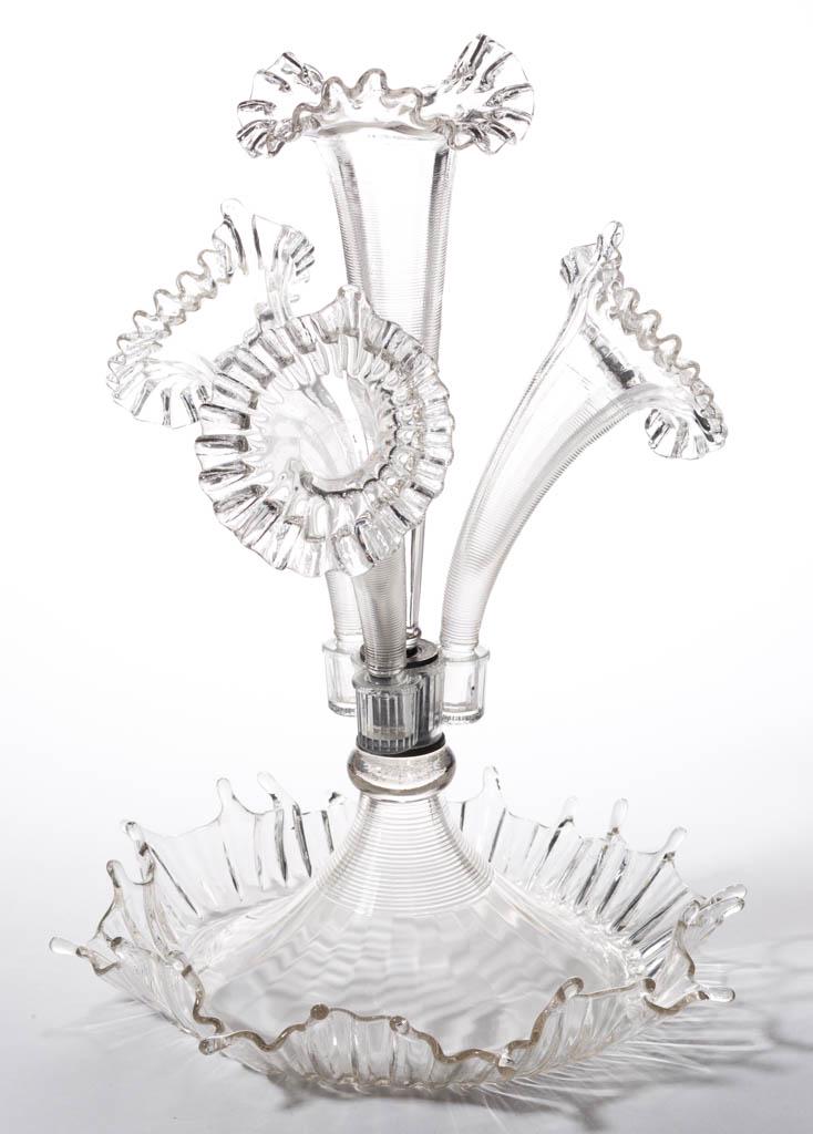L. G. WRIGHT / FENTON PRESSED GLASS EPERGNE: L. G. WRIGHT / FENTON PRESSED GLASS EPERGNE, colorless, crimped- and ruffled-rim bowl fitted with a central trumpet-form vase surrounded by three Jack-in-the-Pulpit vases. Fenton Art Glass Co. for L. 