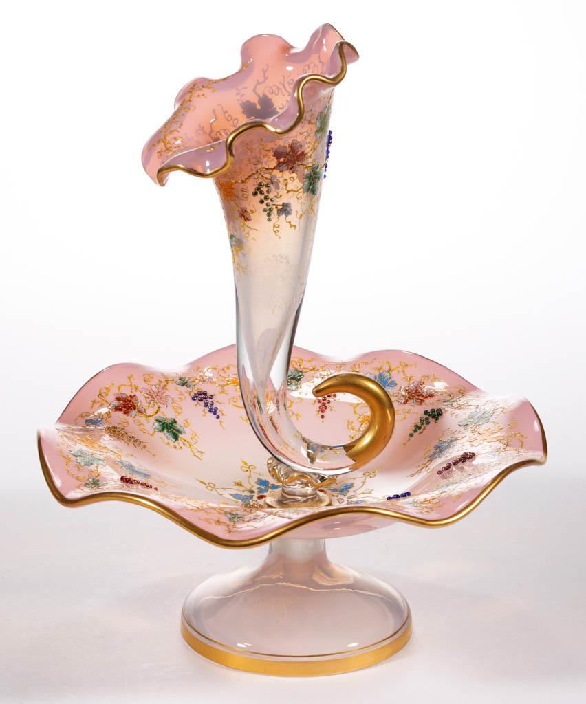 OPALESCENT AND ENAMEL-DECORATED GLASS EPERGNE: OPALESCENT AND ENAMEL-DECORATED GLASS EPERGNE, pink opalescent, cornucopia-form central vase, wide bowl with a tooled rim, fine foliate and bead decoration. Possibly Moser. Late 19th/early 20th centur