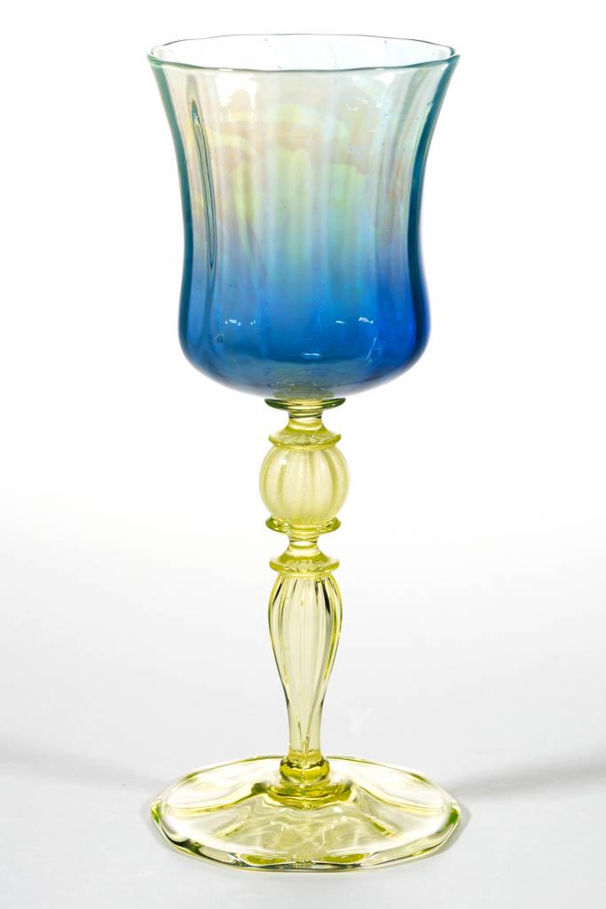 TIFFANY FAVRILE ATTRIBUTED ALEXANDRITE / PASTEL GOBLET: TIFFANY FAVRILE ATTRIBUTED ALEXANDRITE / PASTEL GOBLET, Alexandrite Panel-Optic bowl, raised on a complex Vaseline (reacts under black light) Ribbed-Optic hollow stems and feet with folded edges. Tiff