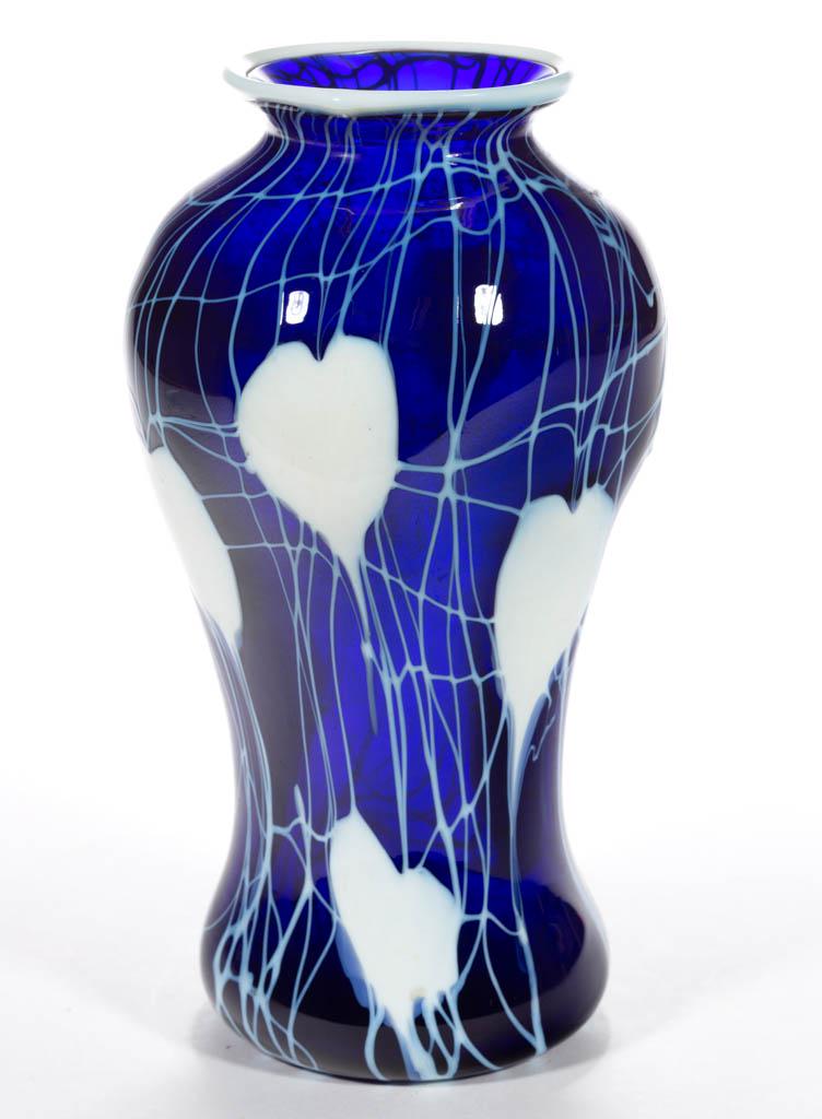 IMPERIAL FREE HAND HEART AND VINE ART GLASS VASE: IMPERIAL FREE HAND HEART AND VINE ART GLASS VASE, cobalt blue with opal decoration, Free Hand No. 329, applied opal rim, polished pontil mark, retains most of the original paper label. Imperial Glass 