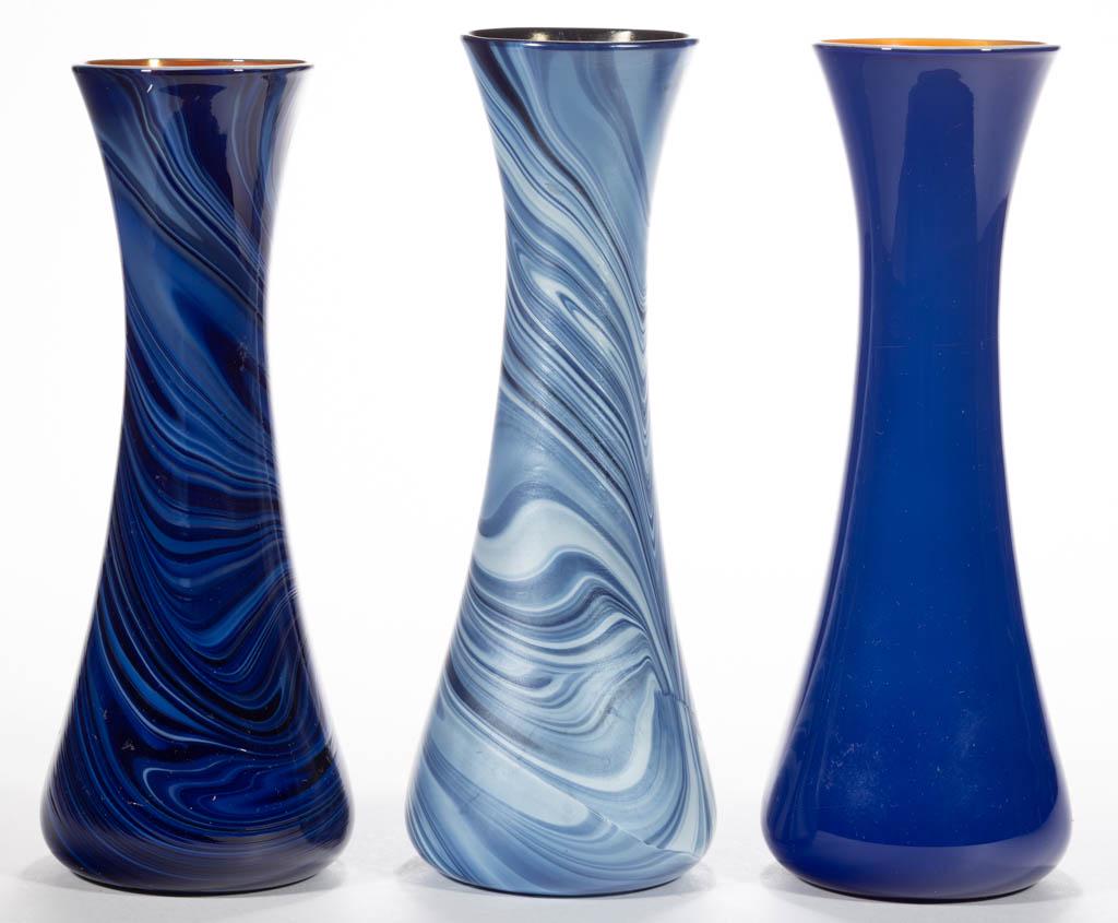 IMPERIAL LEAD LUSTRE ART GLASS VASES, LOT OF THREE: IMPERIAL LEAD LUSTRE ART GLASS VASES, LOT OF THREE, comprising three No. 412 forms with one having No. 11 decoration, other two having No. 21 and No. 30 decoration, each with an iridescent interior. I