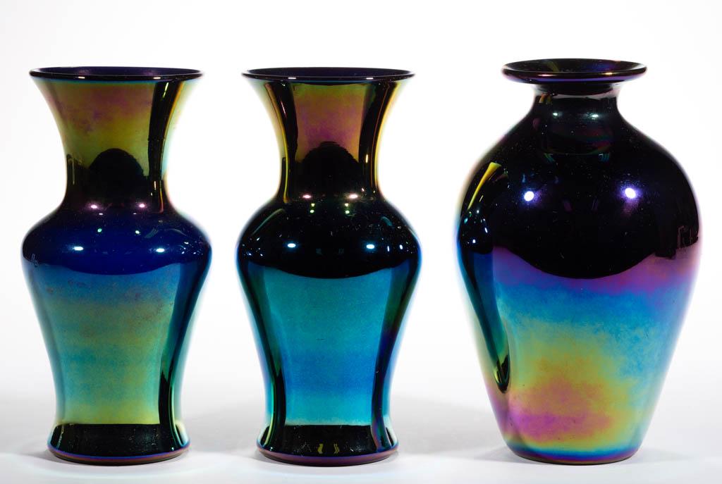 IMPERIAL LEAD LUSTRE ART GLASS VASES, LOT OF THREE: IMPERIAL LEAD LUSTRE ART GLASS VASES, LOT OF THREE, cobalt blue shaded iridescence, comprising a pair of Lead Lustre 655-10, and a bulbous form with No. 10 decoration. Imperial Glass Co. Circa 1925. 7