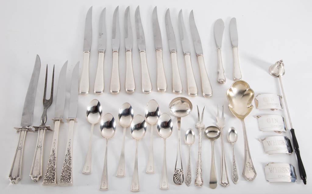 ASSORTED STERLING SILVER AND OTHER FLATWARE AND: ASSORTED STERLING SILVER AND OTHER FLATWARE AND ARTICLES, LOT OF 33, including a set of four English sterling Concorde bottle tickets by British Airways with Birmingham city marks and 1986 date marks,