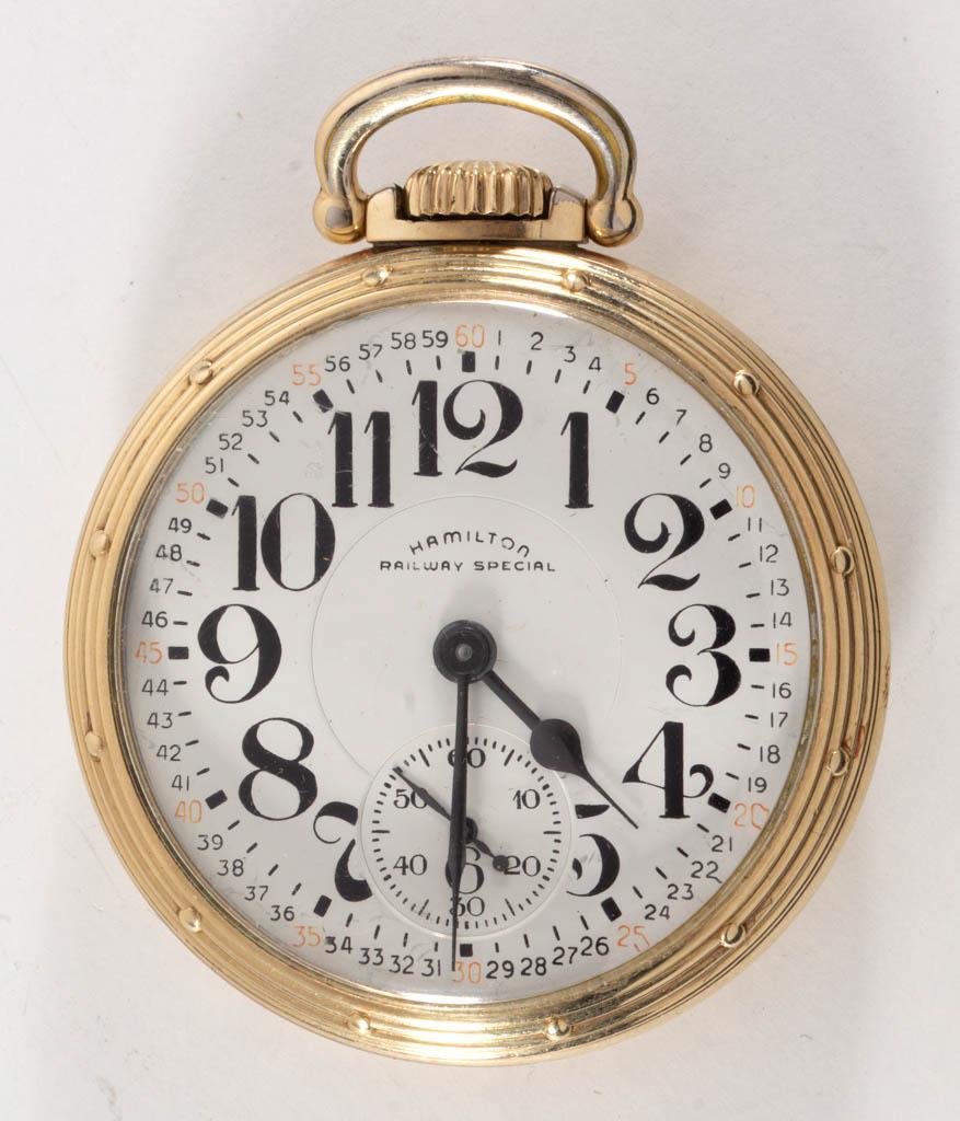 HAMILTON 21-JEWEL RAILWAY SPECIAL MODEL 5 POCKET WATCH: HAMILTON 21-JEWEL RAILWAY SPECIAL MODEL 5 POCKET WATCH, Grade 992B, serial number C360674, gold-filled open-face case, enamel dial. Circa 1952. 16 size.Excellent condition with some light wear. Curren