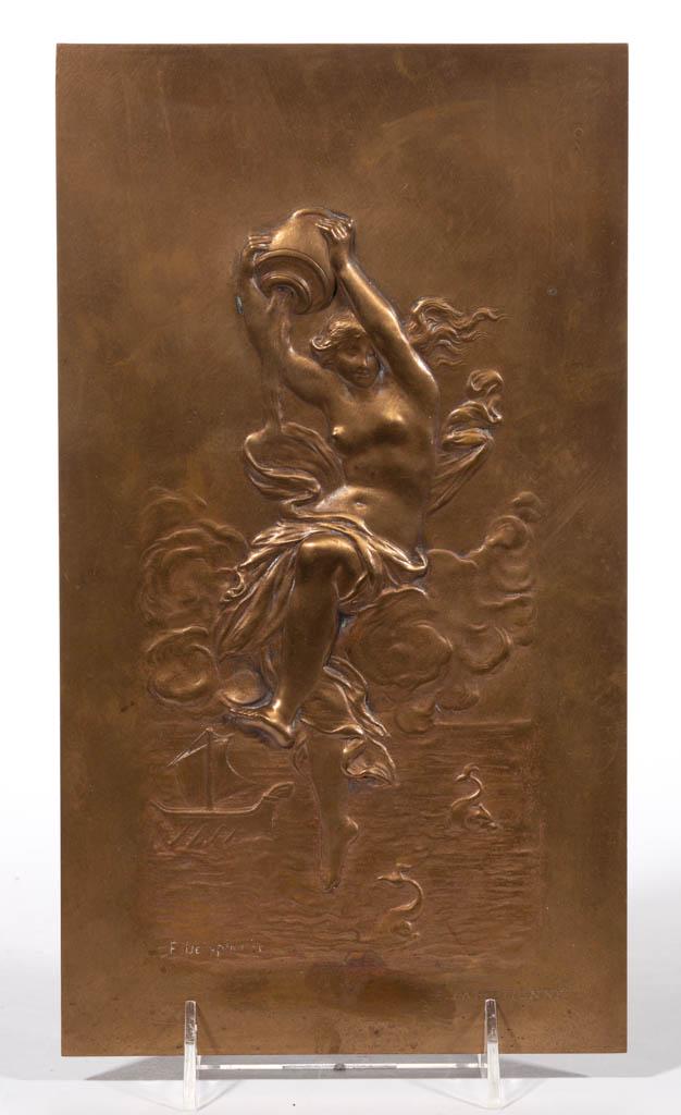 EUGENE DELAPLANCHE (FRENCH, 1836-1891) BRONZE PLAQUE: EUGENE DELAPLANCHE (FRENCH, 1836-1891) BRONZE PLAQUE, depicting a raised figure of Amphitrite, and marked "F. DELAPLANCHE" and foundry marks for "F. BARBEDIENNE". Late 19th/early 20th century. 12 1/2"