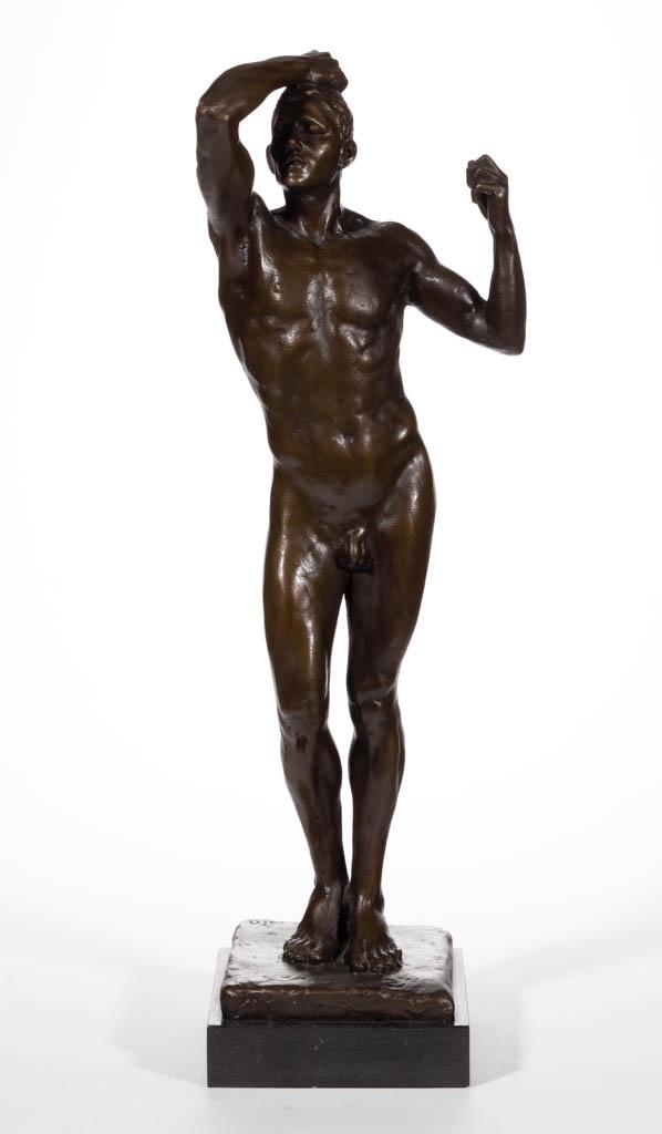 AFTER AUGUSTE RODIN (FRENCH, 1840-1917) "THE AGE OF: AFTER AUGUSTE RODIN (FRENCH, 1840-1917) "THE AGE OF BRONZE" BRONZE SCULPTURE, signed "Rodin", no foundry marks located. First half 20th century. 21 1/4" HOA.Very good overall condition, with minor wea