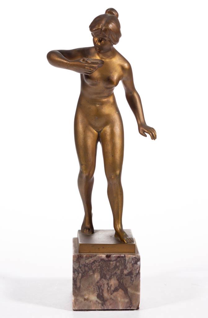 AFTER HANS KECK (GERMAN, 1875-1941) GILT-BRONZE: AFTER HANS KECK (GERMAN, 1875-1941) GILT-BRONZE SCULPTURE, depicting the figure of a nude woman holding a bowl, marked "H. Keck.", no foundry markings. First half 20th century. 11 1/2" HOA.Very good o