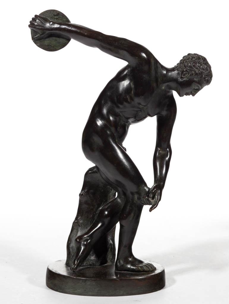 CONTINENTAL GRAND TOUR BRONZE SCULPTURE: CONTINENTAL GRAND TOUR BRONZE SCULPTURE, after the Discobolus of Myron, no signature or foundry marks located. Retains a rich, dark patina. Late 19th/early 20th century. 9 3/4" HOA. Very good overall 