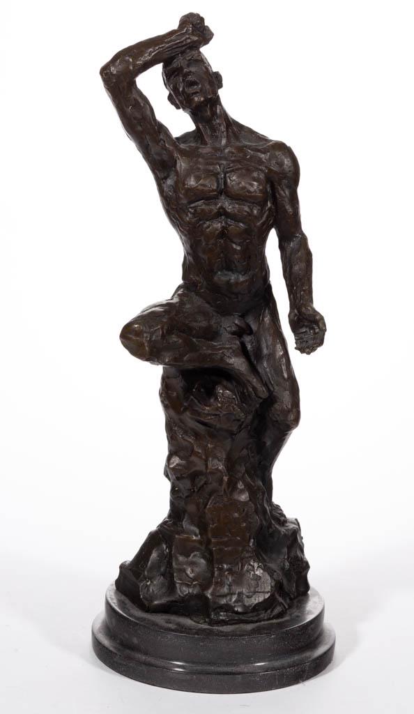 AFTER AUGUSTE RODIN (FRENCH, 1840-1917) BRONZE: AFTER AUGUSTE RODIN (FRENCH, 1840-1917) BRONZE SCULPTURE, depicting a nude man, stamped "RODIN". Retaining a dark, rich patina. First half 20th century. 18 13/4" HOA.Very good overall condition, with