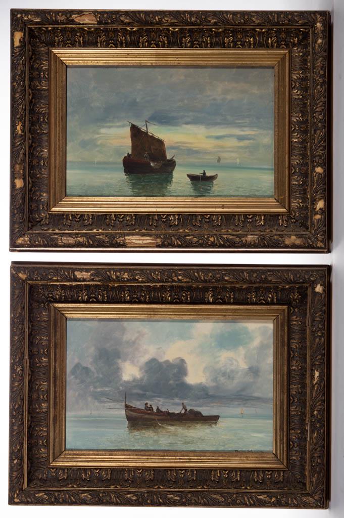 PAIR OF CONTINENTAL SCHOOL (19TH CENTURY) NAUTICAL: PAIR OF CONTINENTAL SCHOOL (19TH CENTURY) NAUTICAL SCENES, oil on panel, each depicting fishermen in tranquil waters with luminous sky, signed "Baron Saamon", housed in a period, possibly original, gi