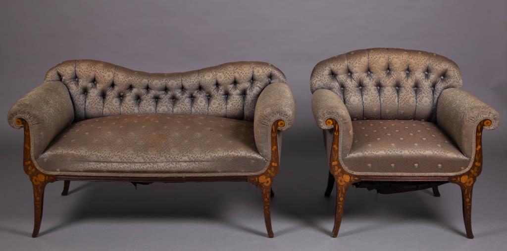 ANTIQUE MARQUETRY-INLAID MAHOGANY SEATING FURNITURE,: ANTIQUE MARQUETRY-INLAID MAHOGANY SEATING FURNITURE, LOT OF TWO, comprising a love seat and an armchair, each with floral inlay to legs. Late 19th/early 20th century. Loveseat 28" HOA, 37" x 19" seat.