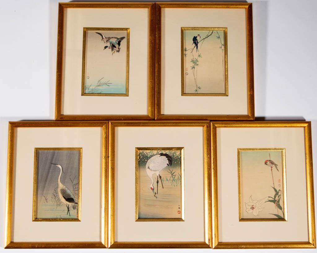 SHIMA ART CO. RETAILED REPRODUCTION / REPRINT: SHIMA ART CO. RETAILED REPRODUCTION / REPRINT SHIN-HANGA WOODBLOCK PRINTS, LOT OF FIVE, each kacho-e type print featuring one or two birds, having the seal mark for Shima Art Co. of New York City, NY.