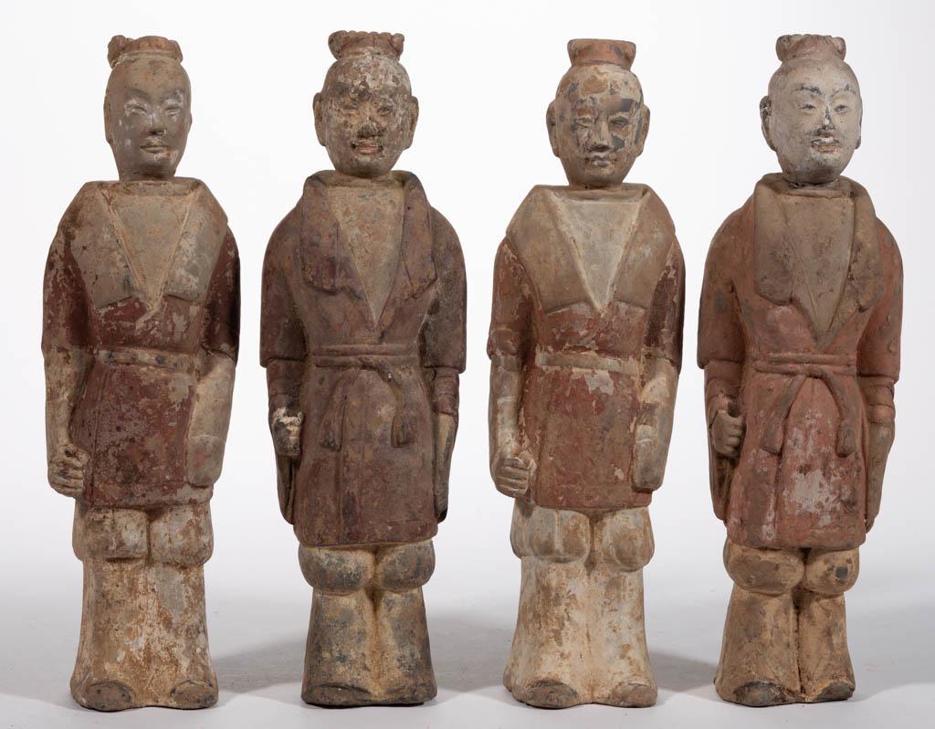 CHINESE EARTHENWARE TOMB FIGURES, LOT OF FOUR: CHINESE EARTHENWARE TOMB FIGURES, LOT OF FOUR, each of a soldier in a robe featuring arms to sides featuring one hand with hole to top, having hollow interior and pigment remnants. A descriptive sheet
