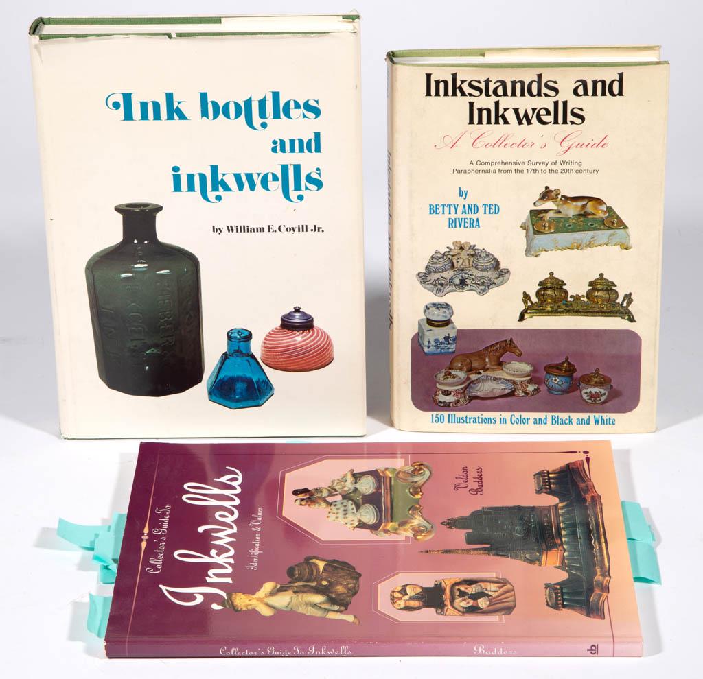 INKWELL / INKSTAND REFERENCE VOLUMES, LOT OF THREE: INKWELL / INKSTAND REFERENCE VOLUMES, LOT OF THREE, comprising Rivera, "Inkstands and Inkwells"; Badders, "Collector's Guide To Inkwells"; and Covill, "Ink bottles and inkwells". Hard and soft covers,