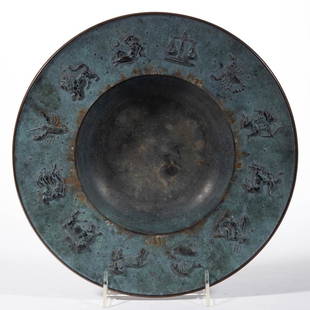 FRITZ NUSS ZODIAC BRONZE BOWL: FRITZ NUSS ZODIAC BRONZE BOWL, original patina, bowl showing zodiac signs around the indention, signed to the top "NUSS '46". 1946. 1 1/4" H, 10 1/2" D rim.Undamaged.