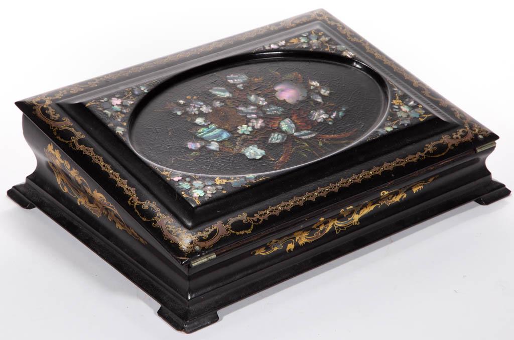 VICTORIAN INLAID PAPIER-MACHE LAP DESK: VICTORIAN INLAID PAPIER-MACHE LAP DESK, hinged slant-top with mother-of-pearl inlay, and painted flowers, concealing a fitted interior, lock plate is stamped "VR / PATENT". Key and glass inkwell prese