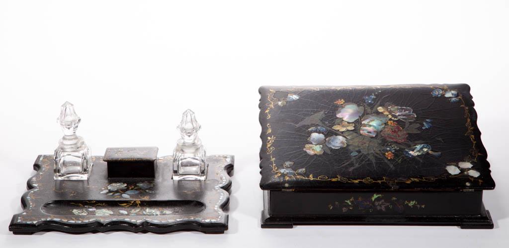 ASSORTED VICTORIAN INLAID PAPIER-MACHE ARTICLES, LOT OF: ASSORTED VICTORIAN INLAID PAPIER-MACHE ARTICLES, LOT OF TWO, comprising a lap desk, with lock plate stamped "VR / PATENT", and ink stand with two inkwells, each featuring mother of pearl inlay, and pa
