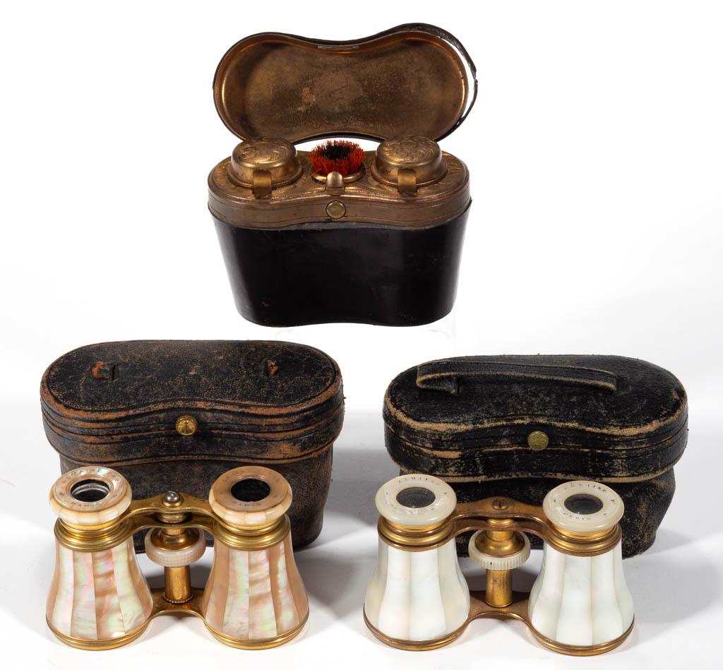 FRENCH LEMAIRE BRASS AND MOTHER-OF-PEARL OPERA GLASSES: FRENCH LEMAIRE BRASS AND MOTHER-OF-PEARL OPERA GLASSES WITH CASES, LOT OF TWO, each with incised makers marks to edge of eye cups, including one case marked for retailer "GALL & LEMBKE / New York". To