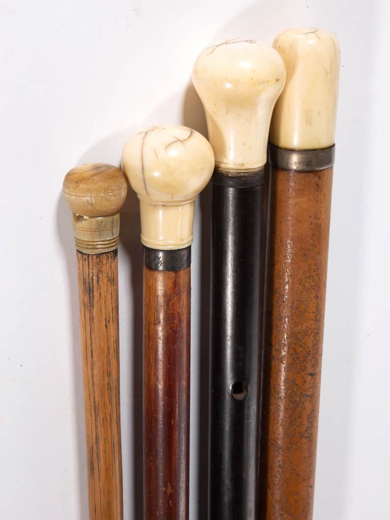 ASSORTED ANTIQUE BONE-HANDLE CANES / WALKING STICKS,: ASSORTED ANTIQUE BONE-HANDLE CANES / WALKING STICKS, LOT OF FOUR, each with simple knop-form handle and plain tapering cylindrical wooden shaft, one likely ebony. Late 19th/early 20th century. Ebony s