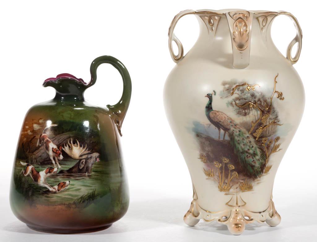 GERMAN ROYAL BAYREUTH PORCELAIN ARTICLES, LOT OF TWO: GERMAN ROYAL BAYREUTH PORCELAIN ARTICLES, LOT OF TWO, comprising a ewer featuring "The Chase" scene with dogs and moose, having blue printed "Royal Bayreuth / T / BAVARIA / 1794" mark, and a four-hand