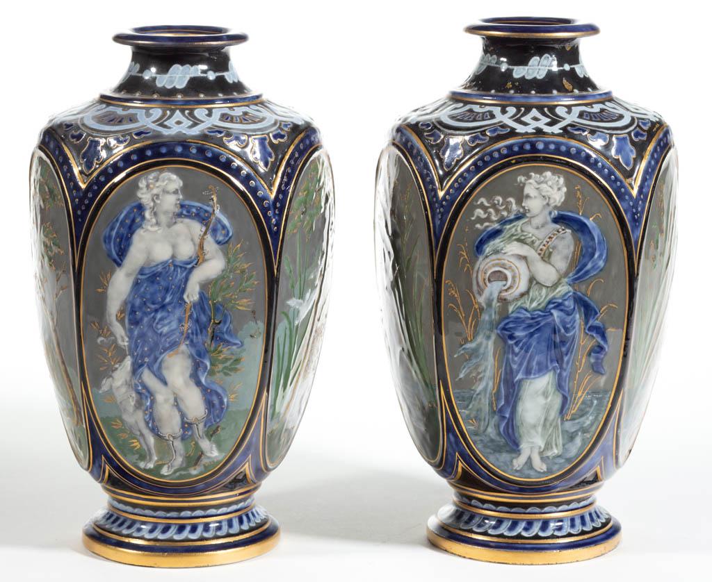 FRENCH E. ROUSSEAU PATE-SUR-PATE PORCELAIN VASE PAIR: FRENCH E. ROUSSEAU PATE-SUR-PATE PORCELAIN VASE PAIR, each having five oval panels depicting scenes including Greek goddesses, deer reclining in grass, birds, and water landscapes, decorated in an att