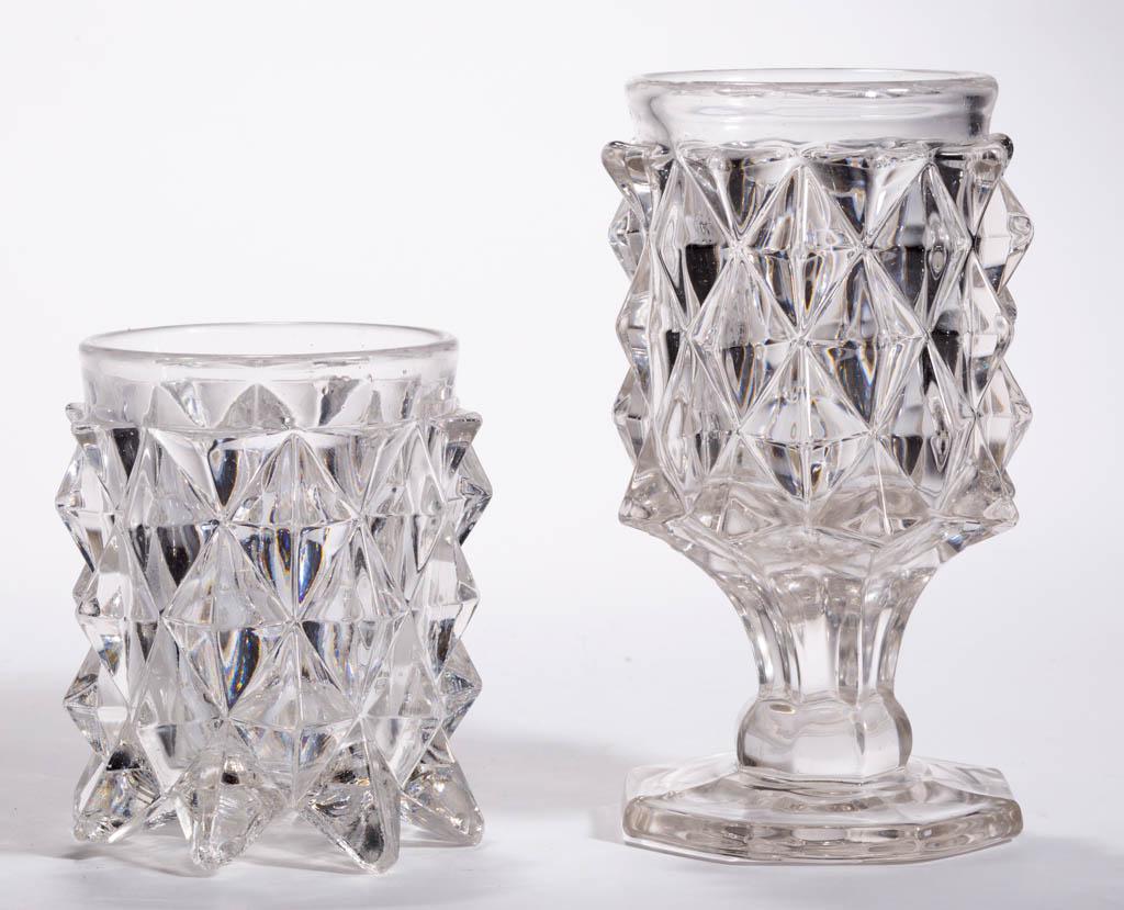 GIANT SAWTOOTH DRINKING ARTICLES, LOT OF TWO: GIANT SAWTOOTH DRINKING ARTICLES, LOT OF TWO, colorless lead glass, comprising a goblet and water tumbler. Boston & Sandwich Glass Co. and others. Third quarter 19th century. Goblet: 6 1/8" H. Tumbler