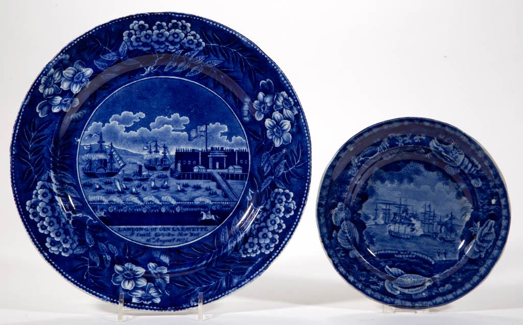ENGLISH STAFFORDSHIRE PEARLWARE TRANSFER-PRINTED: ENGLISH STAFFORDSHIRE PEARLWARE TRANSFER-PRINTED AMERICAN HISTORICAL CERAMIC PLATES, LOT OF TWO, each having dark blue transfer images, comprising a 10 1/8" D example depicting "LANDING OF GEN LAFAYET