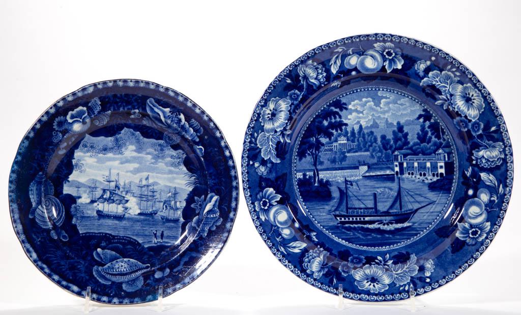 ENGLISH STAFFORDSHIRE PEARLWARE TRANSFER-PRINTED: ENGLISH STAFFORDSHIRE PEARLWARE TRANSFER-PRINTED AMERICAN HISTORICAL CERAMIC PLATES, LOT OF TWO, each having dark blue transfer scenes, comprising a 8 3/8" D example having "Commodore Mac Donnough's V