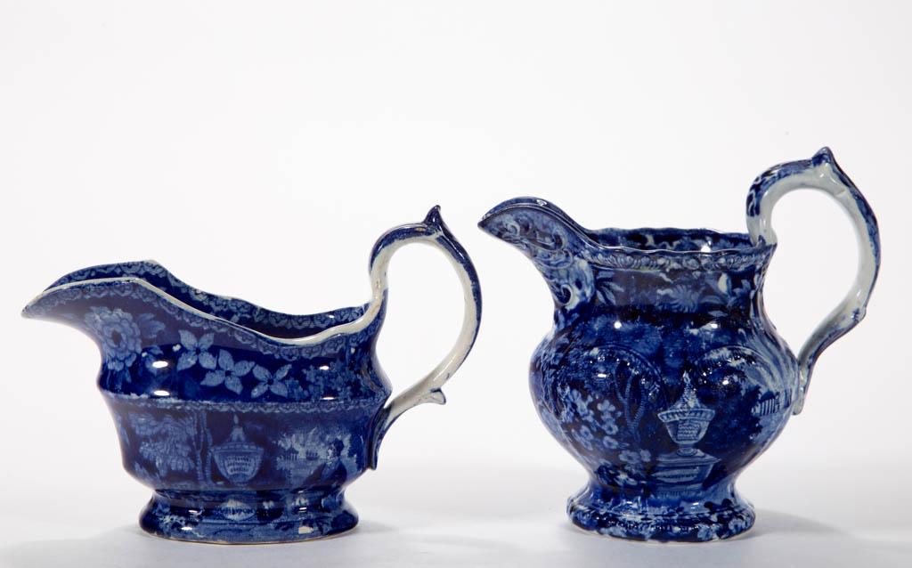 ENGLISH STAFFORDSHIRE PEARLWARE TRANSFER-PRINTED: ENGLISH STAFFORDSHIRE PEARLWARE TRANSFER-PRINTED AMERICAN HISTORICAL CERAMIC CREAMERS, LOT OF TWO, comprising two creamers, one having molded decoration, each having dark blue transfer "Washington's T