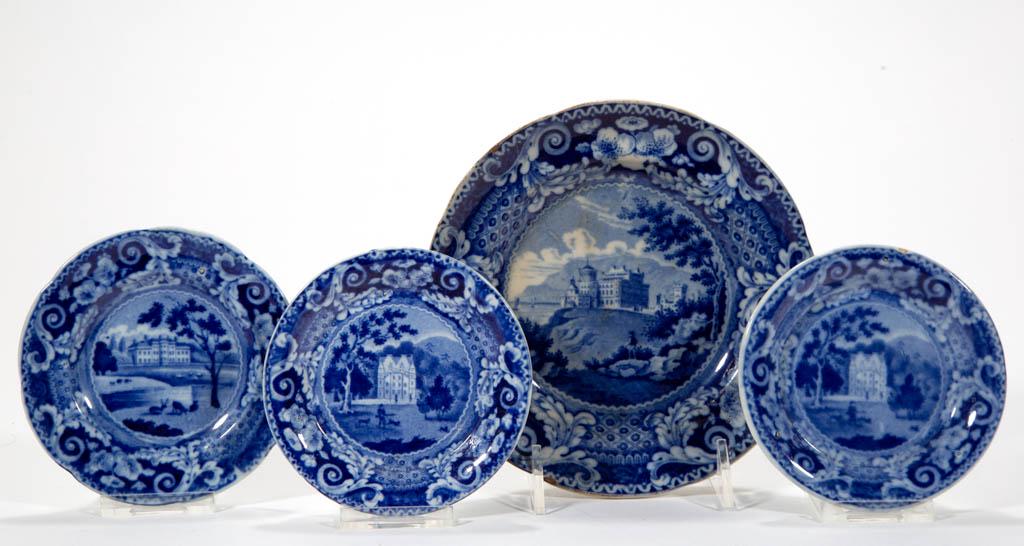 ENGLISH STAFFORDSHIRE PEARLWARE TRANSFER-PRINTED: ENGLISH STAFFORDSHIRE PEARLWARE TRANSFER-PRINTED BRITISH VIEWS CERAMIC PLATES, LOT OF FOUR, each having dark blue transfer with scroll and floral borders, comprising two cup/toy plates having Aberuchi