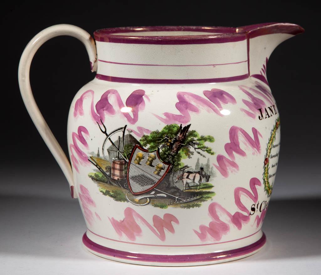 ENGLISH PINK LUSTRE SUNDERLAND TRANSFER-PRINTED CERAMIC: ENGLISH PINK LUSTRE SUNDERLAND TRANSFER-PRINTED CERAMIC PITCHER, having baluster form with everted spout and applied strap handle, with "JANE Mt. JOURNEAUX" and "St Clement. Jersey / 1854" hand-painte