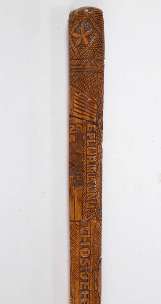 THOMAS JEFFERSON CRADDOCK (ALBEMARLE CO., VIRGINIA, B.: THOMAS JEFFERSON CRADDOCK (ALBEMARLE CO., VIRGINIA, B. 1845) FOLK ART CARVED CANE / WALKING STICK, design featuring animal figures, fish, birds, possibly a narwhal, and various inscriptions relating t
