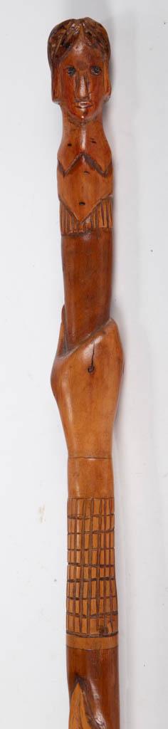 RICHMOND, VIRGINIA CARVED AND PAINTED FOLK ART CANE /: RICHMOND, VIRGINIA CARVED AND PAINTED FOLK ART CANE / WALKING STICK, shaft featuring hand, fish, alligator, and tobacco leaves, handle featuring the carved figure of possibly a woman. Possibly origina