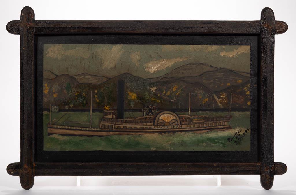 AMERICAN SCHOOL (20TH CENTURY) FOLK ART NAUTICAL: AMERICAN SCHOOL (20TH CENTURY) FOLK ART NAUTICAL PAINTING, oil on board, depicting the sidewheel steamer "CHRYSTENAH", with American flag flying off the stern, signed in lower right corner "PAINTED / 