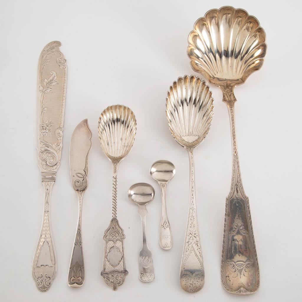 PHILADELPHIA, PENNSYLVANIA STERLING AND COIN SILVER: PHILADELPHIA, PENNSYLVANIA STERLING AND COIN SILVER SERVING UTENSILS, LOT OF SEVEN, coin silver pieces comprising soup/punch ladle by George Russell (active 1833-1875) having shell bowl and engraved d