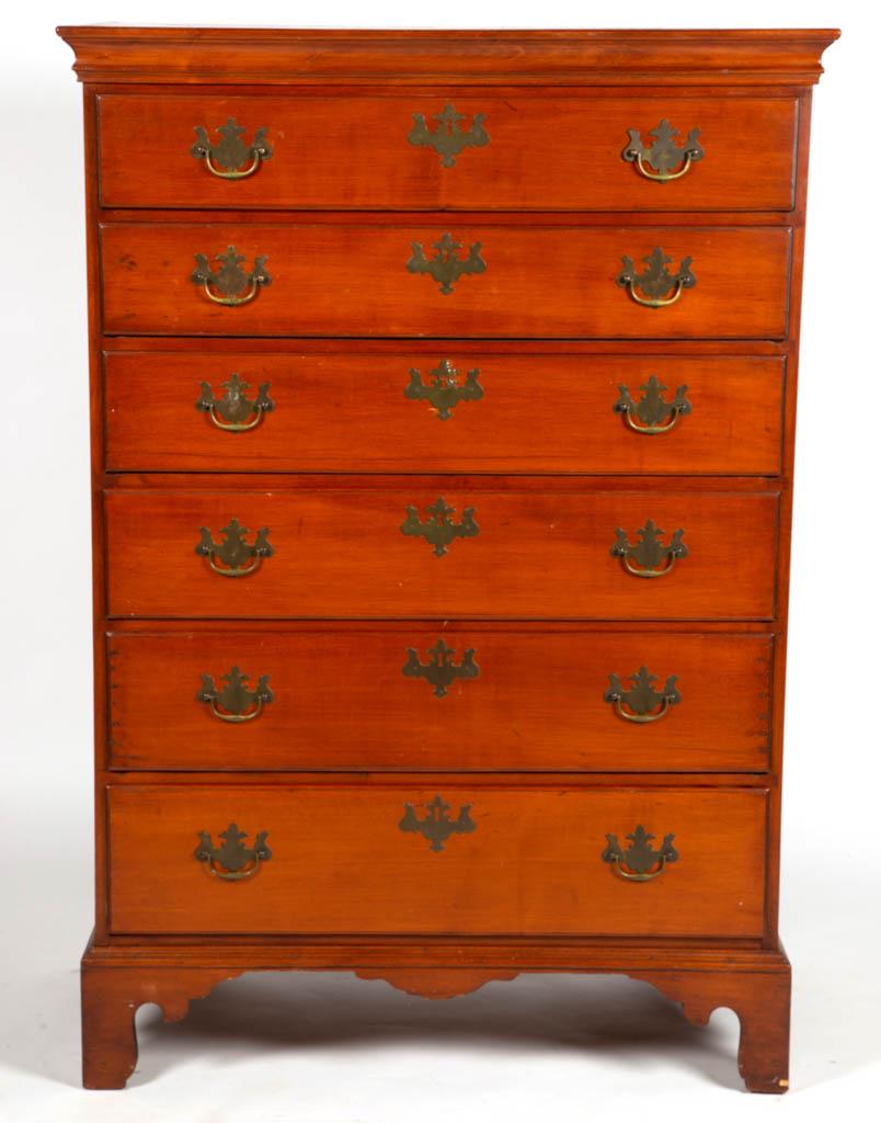 NEW ENGLAND CHIPPENDALE MAPLE SEMI-HIGH CHEST OF: NEW ENGLAND CHIPPENDALE MAPLE SEMI-HIGH CHEST OF DRAWERS, dovetailed construction, applied cornice molding over six graduated drawers with thumb-molded profile, solid ends, all raised on an applied cu