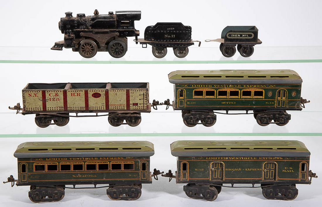 ASSORTED IVES O-GAUGE LOCOMOTIVE AND CARS, LOT OF SEVEN: ASSORTED IVES O-GAUGE LOCOMOTIVE AND CARS, LOT OF SEVEN, comprising a No. 1100 locomotive, a No. 11 tender, a No. 1 tender, a No. 130 "LIMITED VESTIBULE EXPRESS / BUFFET" car, a No. 129 "LIMITED VESTI