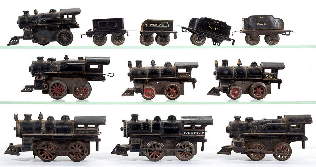 ASSORTED IVES O-GAUGE LOCOMOTIVES, LOT OF SEVEN: ASSORTED IVES O-GAUGE LOCOMOTIVES, LOT OF SEVEN, including a No. 0, a No. 6, a No. 17, and a No. 2. Together with an unmarked No. 1 and two No. 11 tenders. 11 pieces total. Circa 1929. No. 0 locomotiv