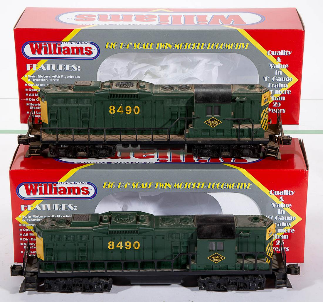 WILLIAMS READING O-GAUGE LOCOMOTIVES, LOT OF TWO: WILLIAMS READING O-GAUGE LOCOMOTIVES, LOT OF TWO, comprising two GP541 / 8490 cabs. Original boxes. Fourth quarter 20th century. 14 1/4" LOA. Good overall condition with later paint additions, areas o