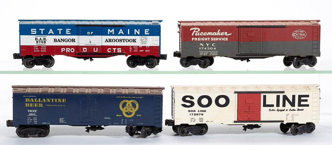 ASSORTED WILLIAMS ELECTRIC TRAINS O-SCALE BOX CARS, LOT: ASSORTED WILLIAMS ELECTRIC TRAINS O-SCALE BOX CARS, LOT OF FOUR, comprising a "STATE OF MAINE", a "Pacemaker / 174504", a "BALLANTINE BEER / 46213", and "a SOO LINE / I72978". Circa 1999. One example