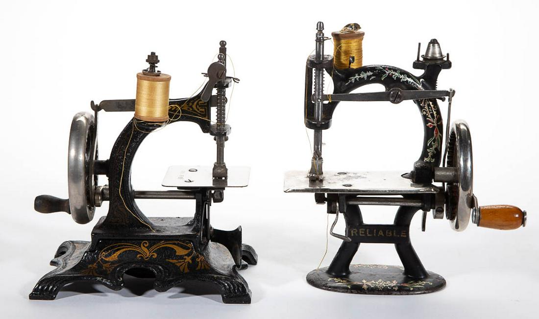 MULLER AND FOLEY & WILLIAMS CAST-IRON CHILD'S TOY: MULLER AND FOLEY & WILLIAMS CAST-IRON CHILD'S TOY SEWING MACHINES, LOT OF TWO, each having stenciled decoration, comprising a model no. 20 example by F.W. Muller of Berlin, Germany, and a "Reliable" e