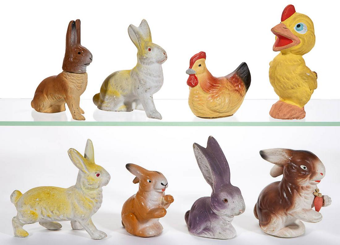 ASSORTED COMPOSITION / PAPIER MACHE FIGURES AND CANDY: ASSORTED COMPOSITION / PAPIER MACHE FIGURES AND CANDY CONTAINERS, LOT OF EIGHT, each having a polychrome-painted finish, comprising a hen candy container, a chick figure, two rabbit candy containers, 