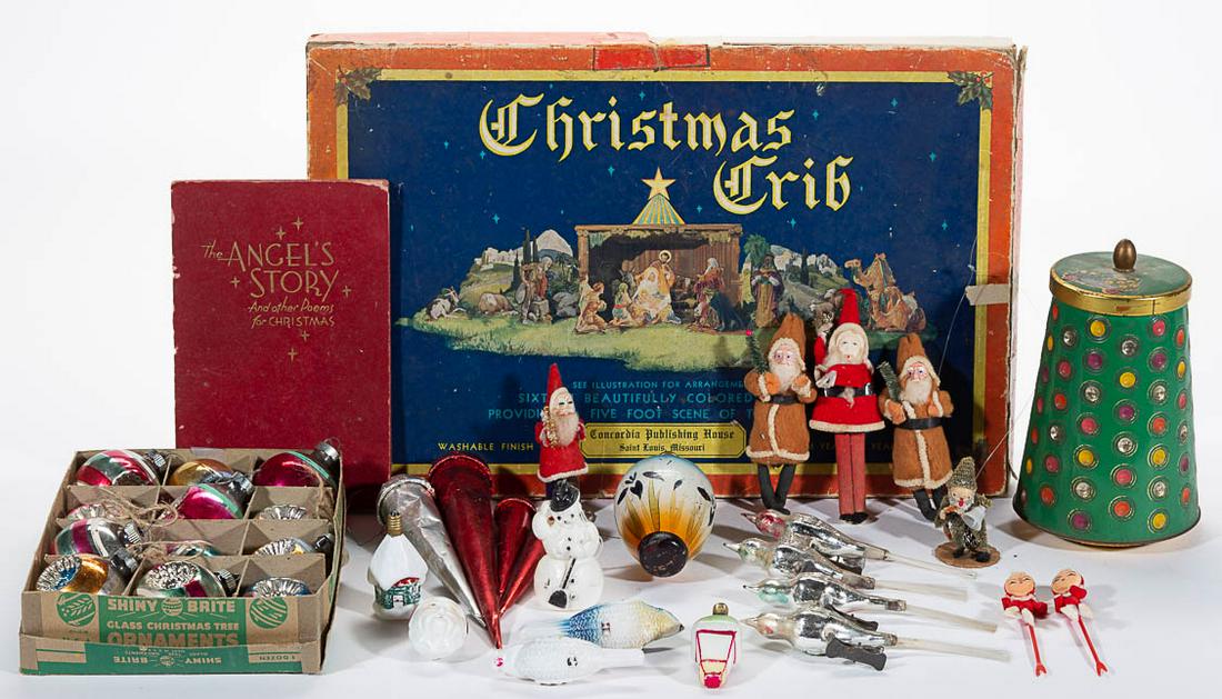 ASSORTED CHRISTMAS / HOLIDAY DECORATIVE ARTICLES,: ASSORTED CHRISTMAS / HOLIDAY DECORATIVE ARTICLES, UNCOUNTED LOT, more than 30 pieces, including an assortment of ornaments, Christmas tree tin container, two cotton Santa Claus figures with "JAPAN" la