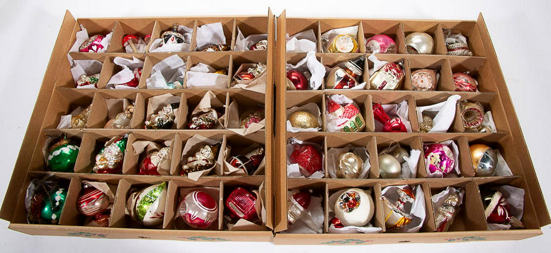 ASSORTED GLASS CHRISTMAS / HOLIDAY ORNAMENTS, UNCOUNTED: ASSORTED GLASS CHRISTMAS / HOLIDAY ORNAMENTS, UNCOUNTED LOT, more than 60 pieces, various shapes, colors, and decoration, including some figural examples. Some pieces with marks to caps including "WES